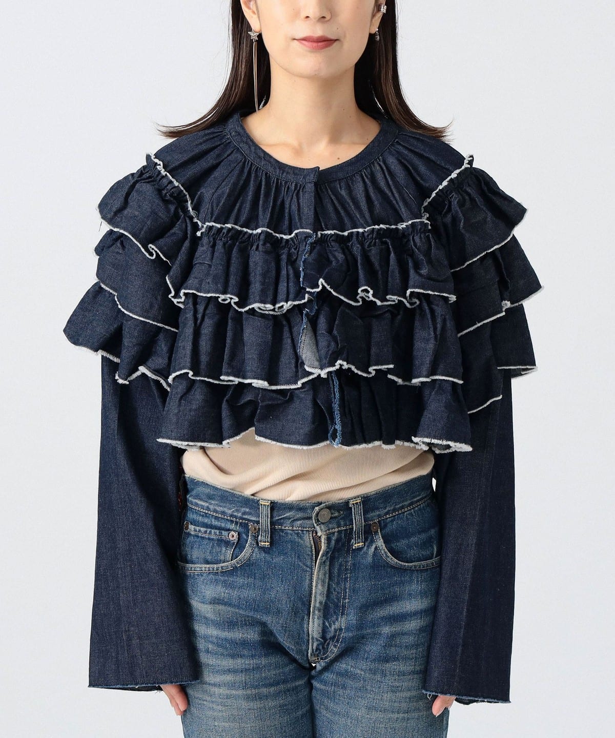 〈女裝〉丹寧荷葉邊短外套