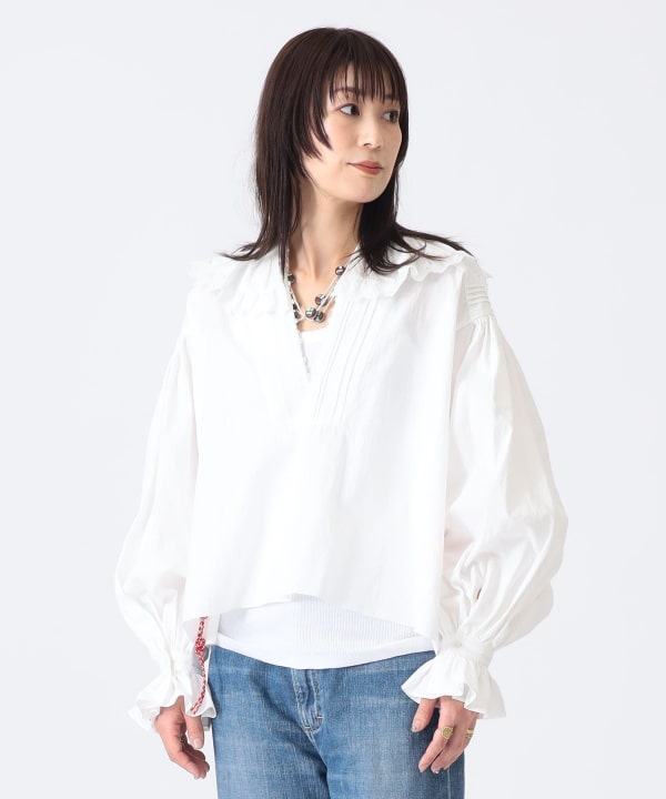 【新品タグ付】エンブロイダリーブラウス ホワイト BEAMS JAPAN（ビームス ジャパン）〈WOMEN〉エンブロイダリー ブラウス