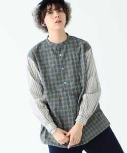 BEAMS BOY / チェック ヘンリーネック ロングテール シャツ