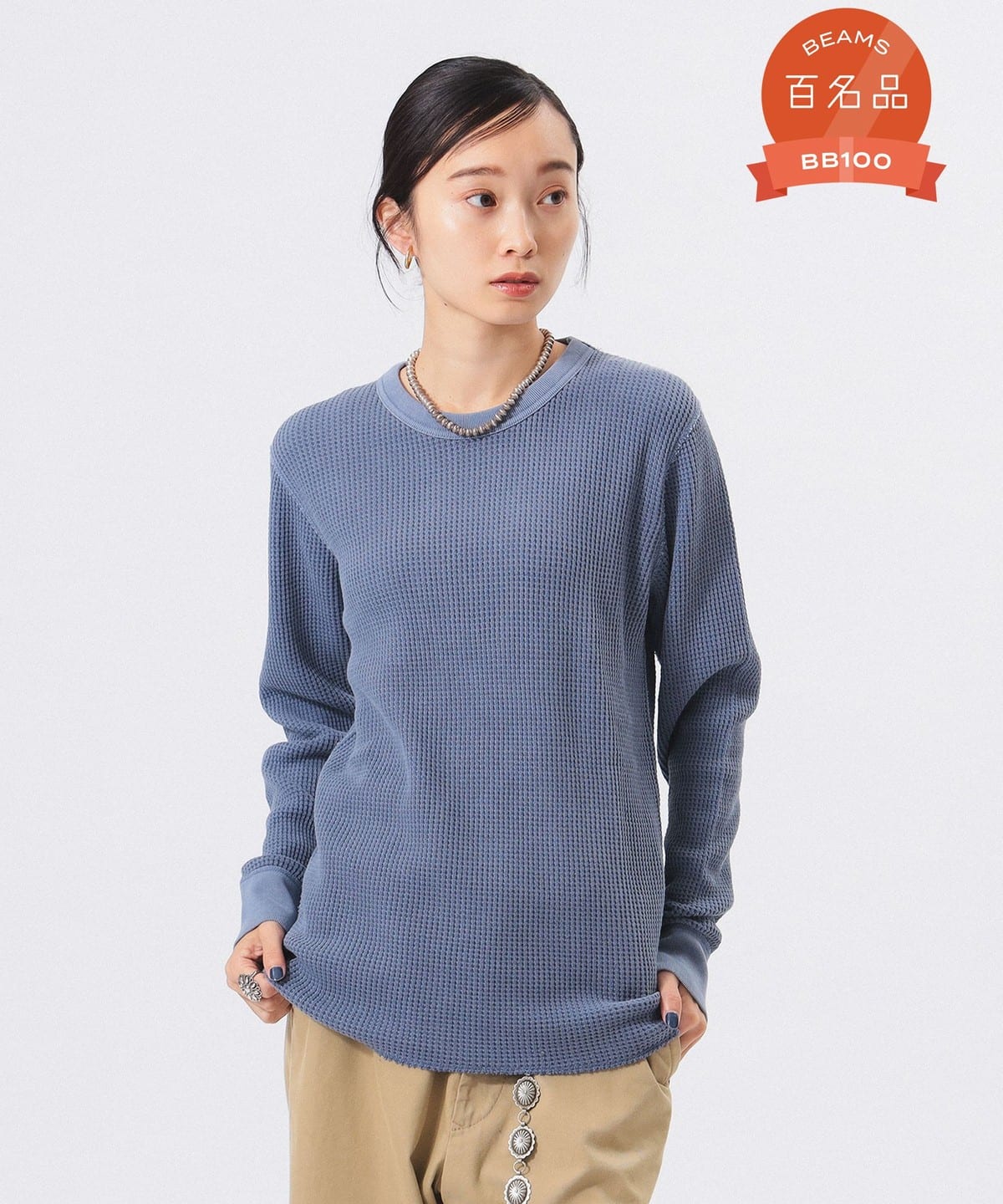 コットン サーマル クルーネック ロングスリーブ Tシャツ Tシャツ・カットソー WOMEN BLUE ONE SIZE コットン サーマル クルーネック ロングスリーブ Tシャツ Tシャツ・カットソー WOMEN BLUE ONE SIZE