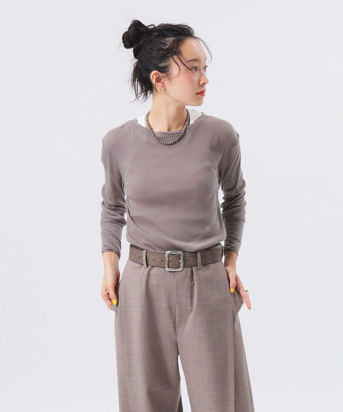リブ クルー 3/4 カットソー トップス WOMEN GREY ONE SIZE リブ クルー 3/4 カットソー トップス WOMEN GREY ONE SIZE