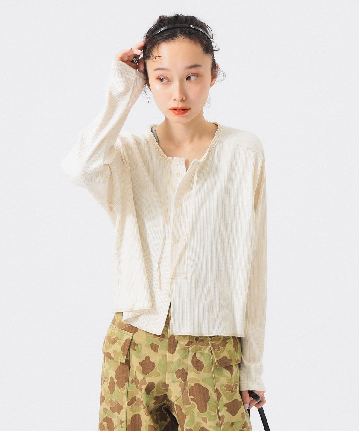 ヘンリーネック レース カーディガン トップス WOMEN IVORY ONE SIZE ヘンリーネック レース カーディガン トップス WOMEN IVORY ONE SIZE