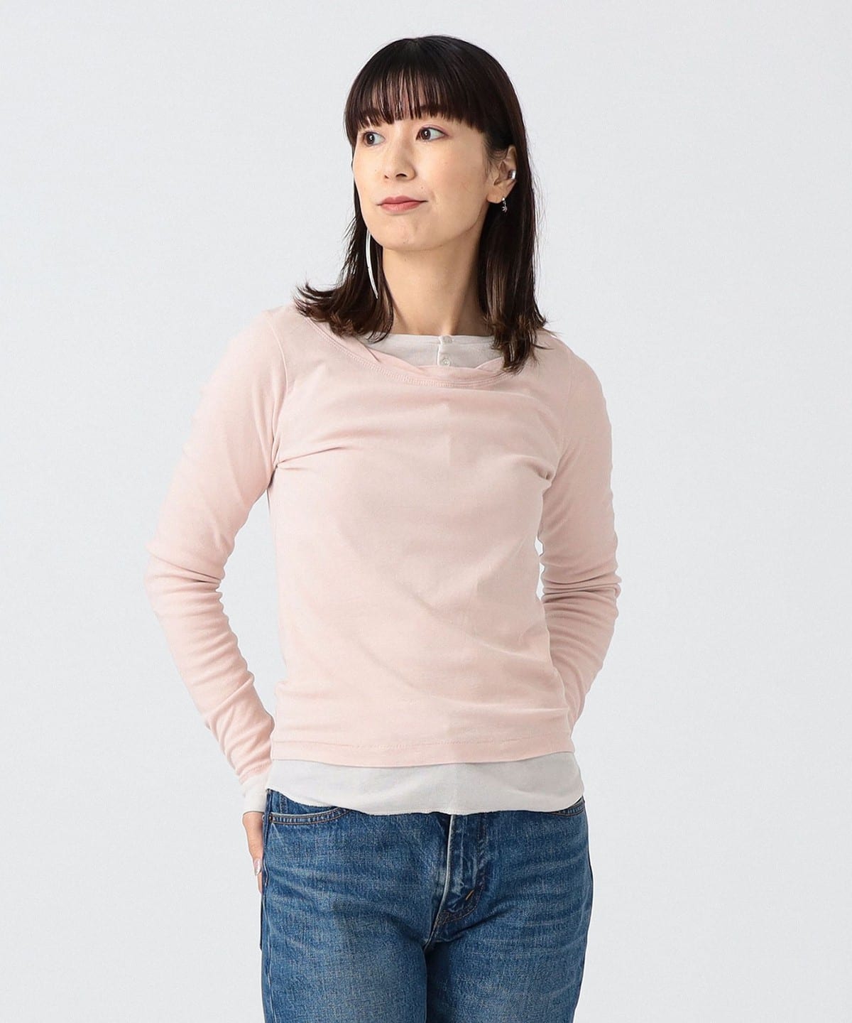 〈WOMEN〉リブ ヘンリーネック ＋ クルー ロングスリーブ Tシャツ・カットソー WOMEN PINK 1
