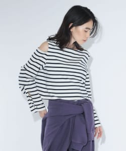 【+10%ポイントUP】maturely / ボーダー オープン ショルダー ロングスリーブ カットソー