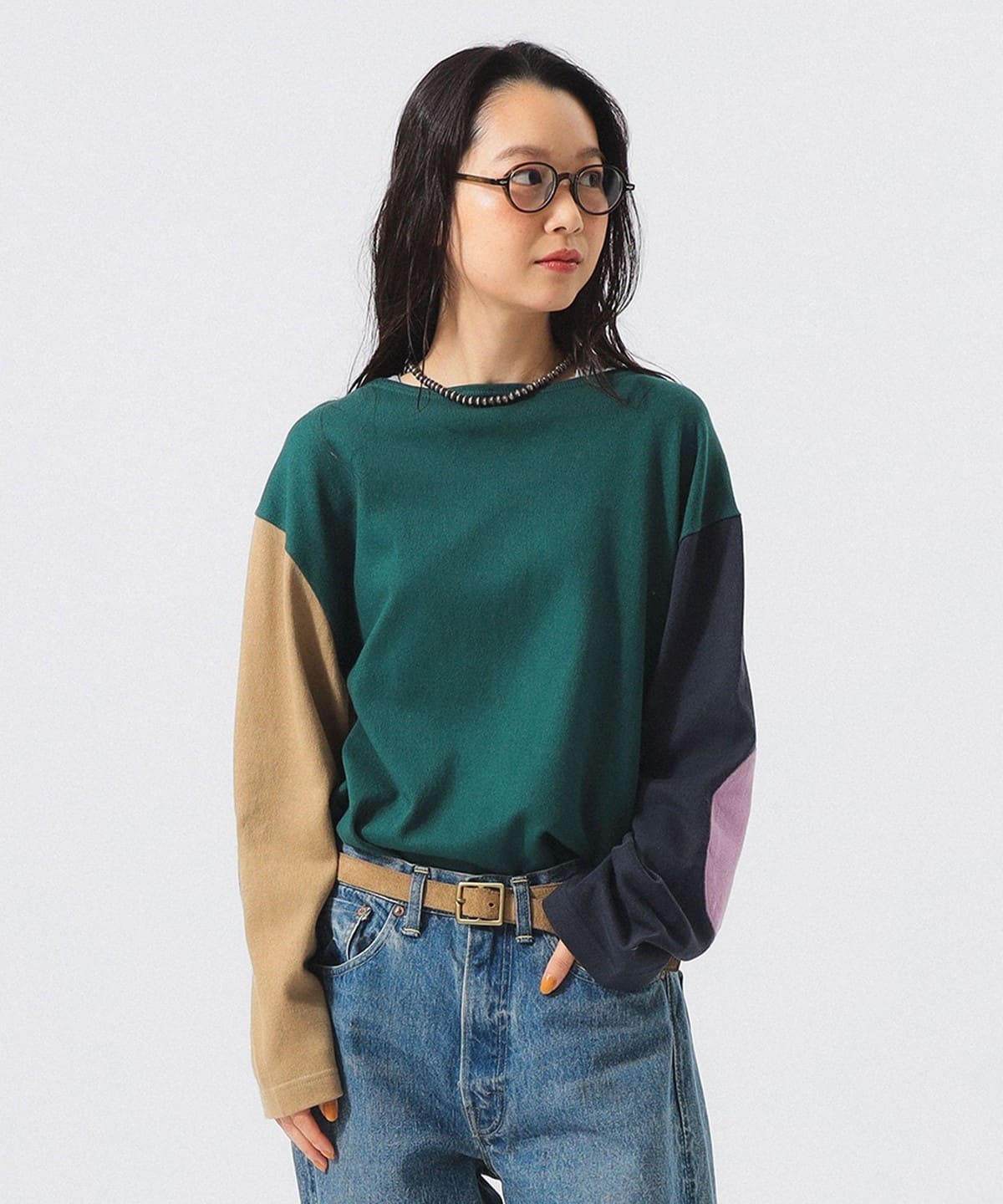 【美品】BORDERS at BALCONY エルボーパッチTシャツ ネイビー BEAMS BOY（ビームス ボーイ）エルボーパッチ バスク（Tシャツ