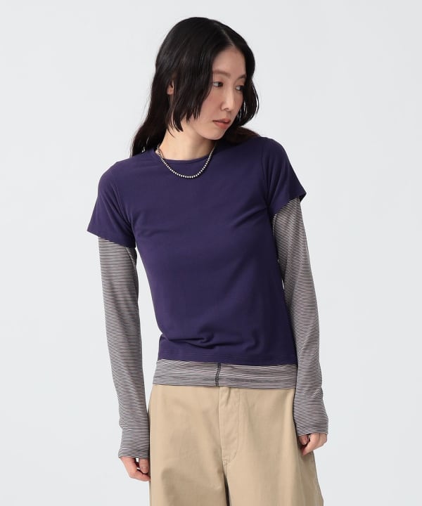 〈WOMEN〉ボーダー ロングスリーブ ＋ ソリッド ショートスリーブ Model : H170 B83 W60 H87　Size : SIZE 1