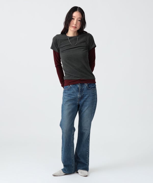 〈WOMEN〉ボーダー ロングスリーブ ＋ ソリッド ショートスリーブ Model : H170 B83 W60 H87　Size : SIZE 1