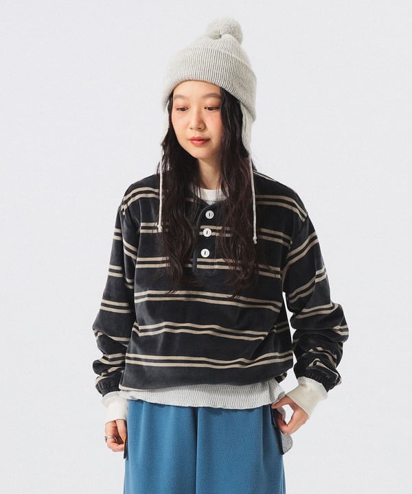 【別注】Healthknit / ボーダー ベロア ヘンリーネック BEAMS STAFF：H159　Size：ONE SIZE
