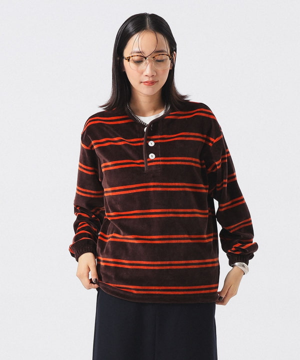 【別注】Healthknit / ボーダー ベロア ヘンリーネック Model： H165 B80 W59 H85　Size： ONE SIZE