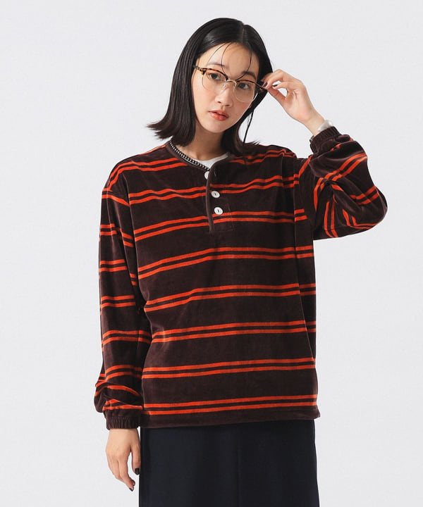 【別注】Healthknit / ボーダー ベロア ヘンリーネック Model： H165 B80 W59 H85　Size： ONE SIZE