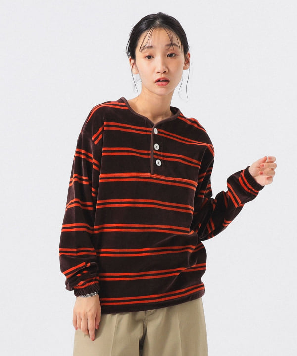 【別注】Healthknit / ボーダー ベロア ヘンリーネック Model： H165 B80 W59 H85　Size： ONE SIZE