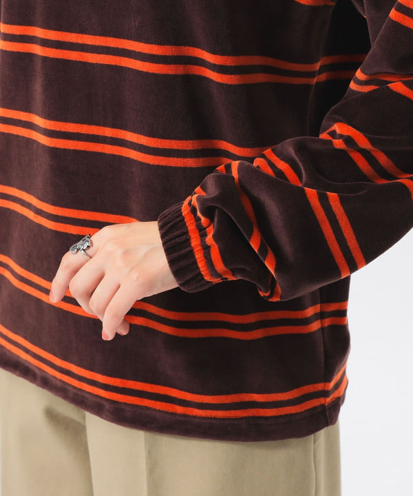【別注】Healthknit / ボーダー ベロア ヘンリーネック
