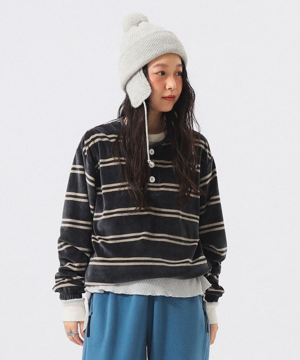 【別注】Healthknit / ボーダー ベロア ヘンリーネック