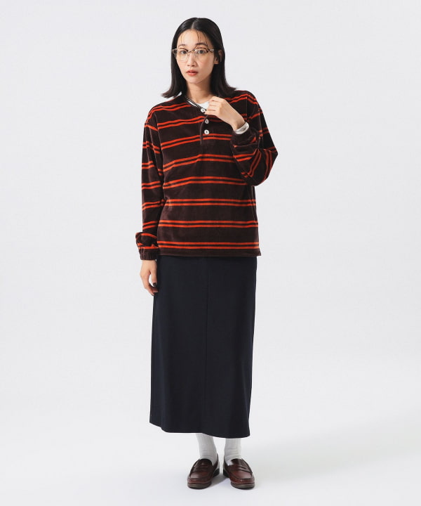 【別注】Healthknit / ボーダー ベロア ヘンリーネック Model： H165 B80 W59 H85　Size： ONE SIZE