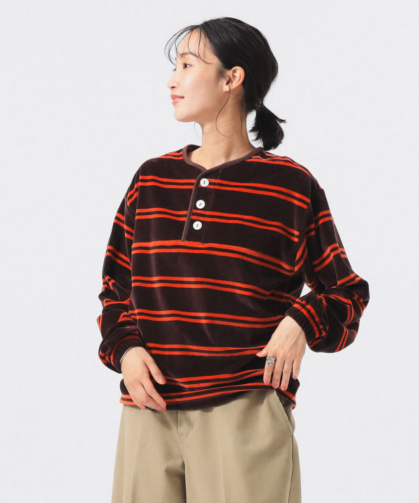【別注】Healthknit / ボーダー ベロア ヘンリーネック