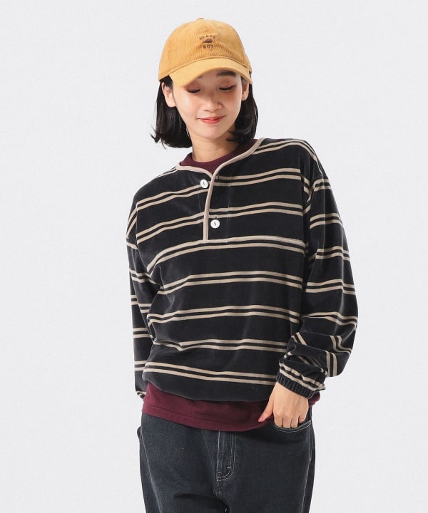 【別注】Healthknit / ボーダー ベロア ヘンリーネック