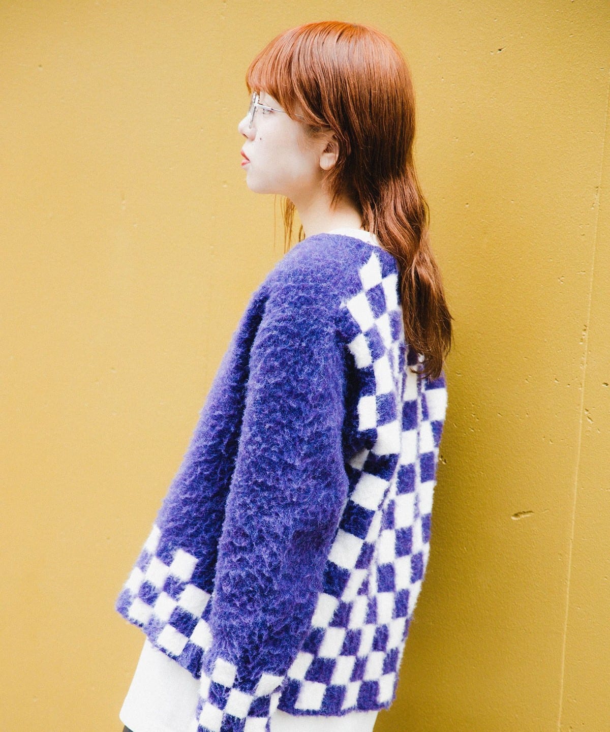 チェッカード Vネック カーディガン トップス WOMEN PURPLE ONE SIZE チェッカード Vネック カーディガン トップス WOMEN PURPLE ONE SIZE