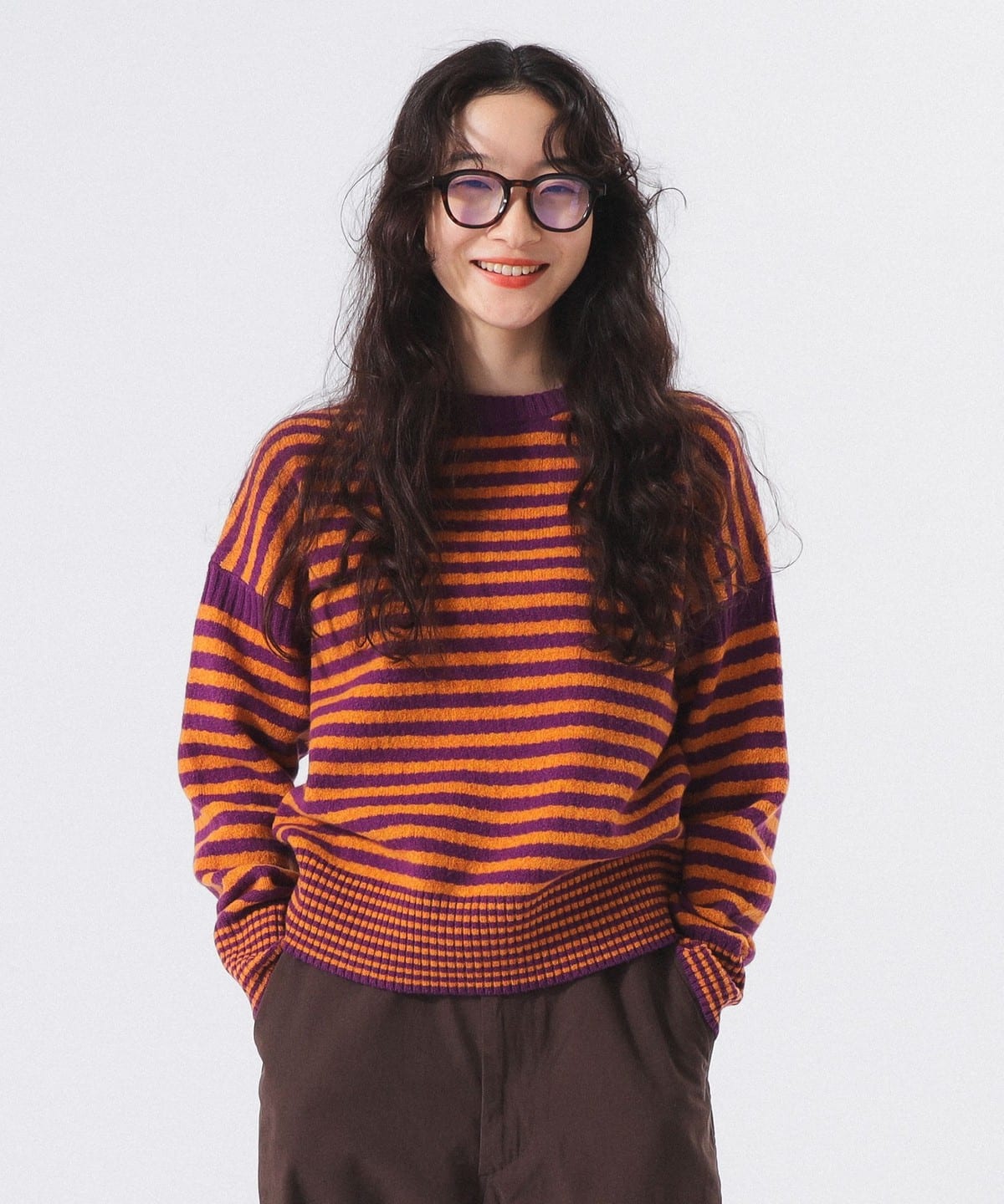 7ゲージ ボーダー クルー ニット トップス WOMEN PURPLE ONE SIZE 7ゲージ ボーダー クルー ニット トップス WOMEN PURPLE ONE SIZE