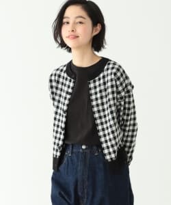 BEAMS BOY / 14ゲージ ポリエステル ジャカード ギンガム カーディガン