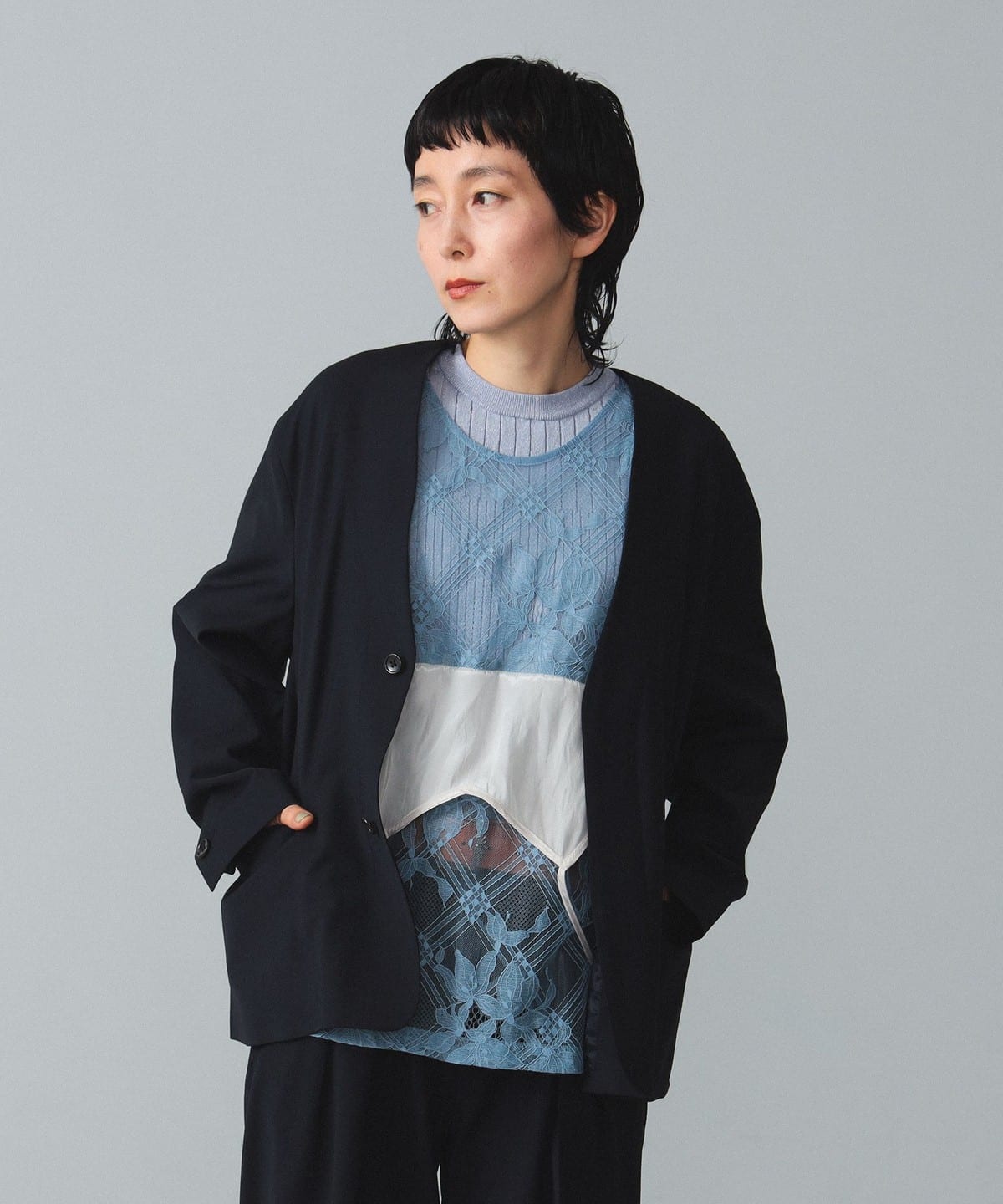 maturely マチュアリー / 2Way Stretch Nocollar Jacket ジャケット WOMEN NAVY 1 maturely マチュアリー / 2Way Stretch Nocollar Jacket ジャケット WOMEN NAVY 1
