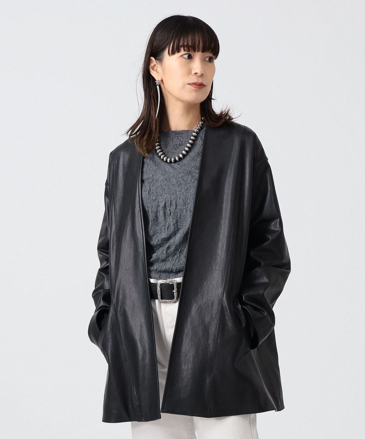 【羊革】BEAMS ノーカラー レザージャケット 黒 L カーディガン 本革 羊革】BEAMS レザージャケット 黒 M シープスキン カーディガン ノー