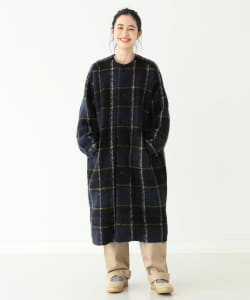 BEAMS BOY / スライバー タータンチェック ノーカラー コート