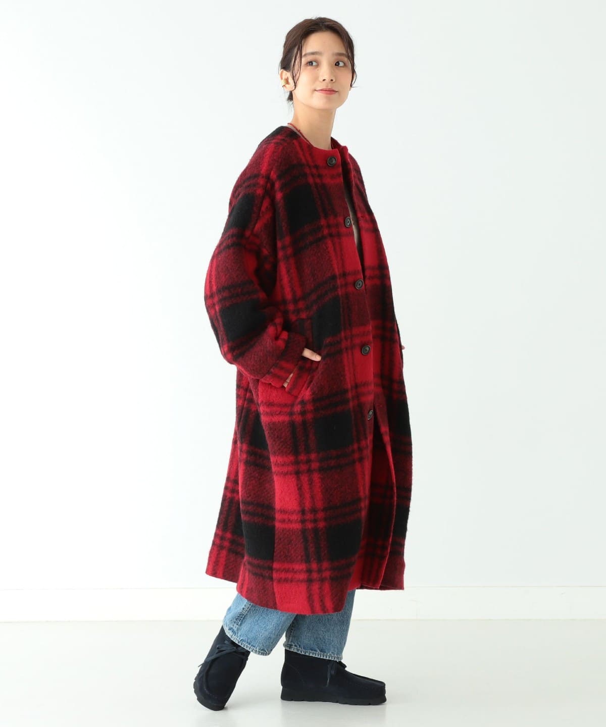 BEAMS BOYノーカラーバッファローチェックコート 