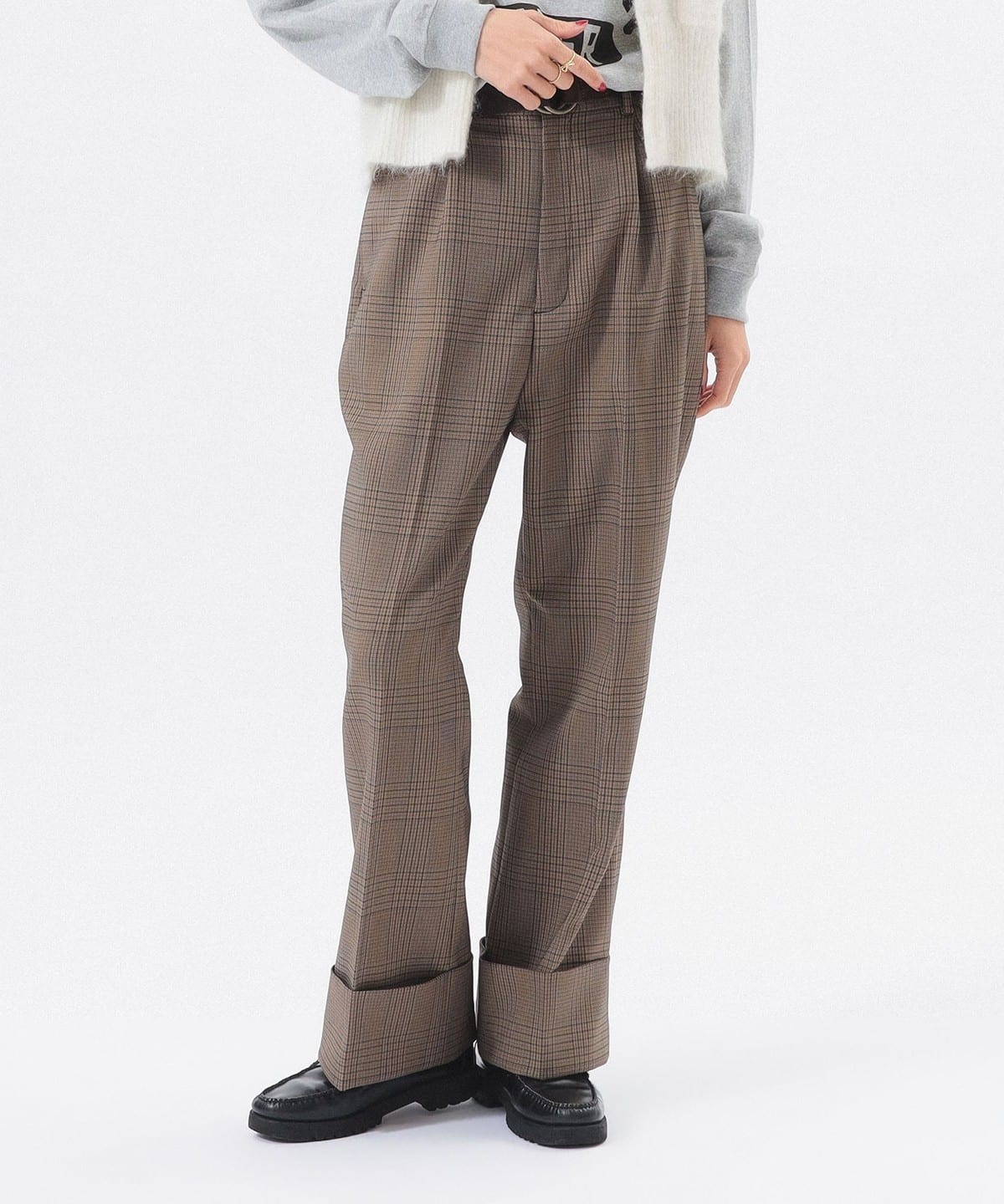 チェック ロング ダブルヘム スラックス パンツ WOMEN BROWN 0 チェック ロング ダブルヘム スラックス パンツ WOMEN BROWN 0