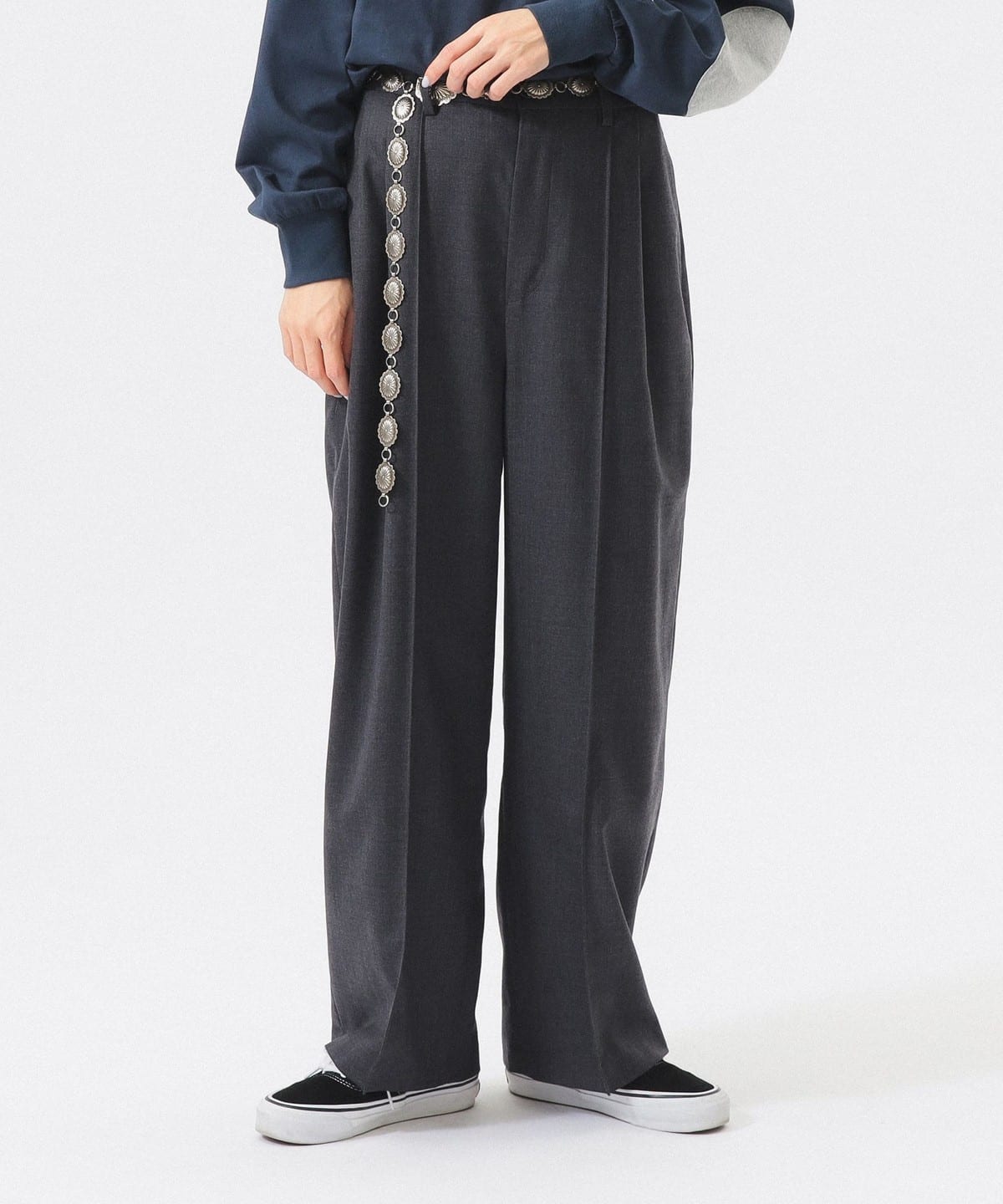 ポリエステル ウール ツープリーツ ワイドパンツ パンツ WOMEN CHARCOAL. GREY 0