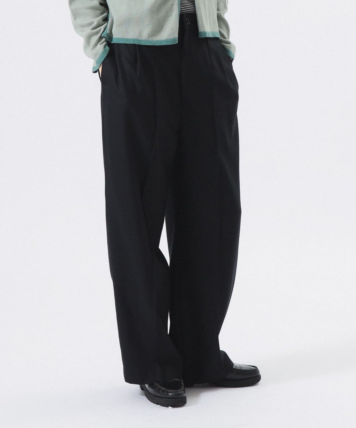 ポリエステル ウール ツープリーツ ワイドパンツ パンツ WOMEN BLACK 0