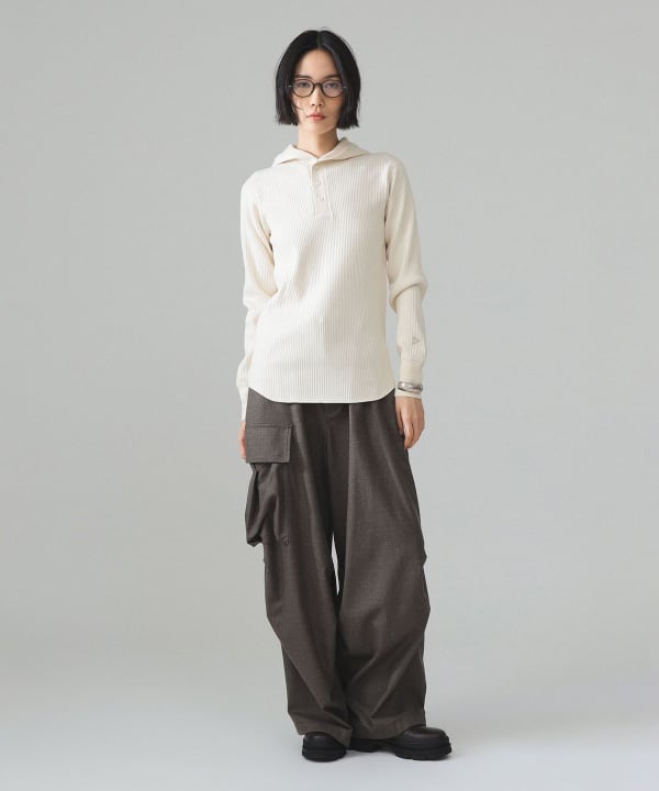 【+10%ポイントUP】maturely / リネン ウール ミリタリー パンツ Model : H173 B77 W57 H82　Size : 1