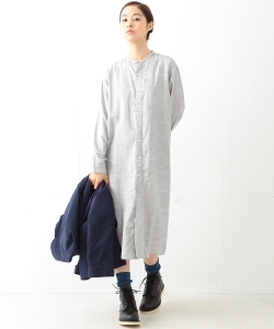 BEAMS BOY / シャンブレー バンドカラー ロングスリーブワンピース