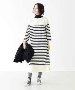 BEAMS BOY / ナバルボーダー ロングワンピース 7分袖