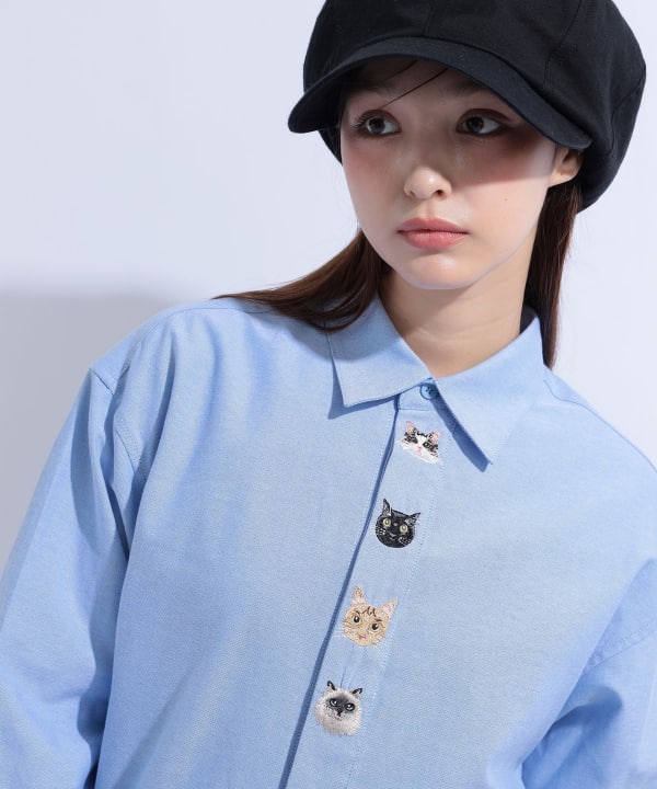 猫刺繍 シャツ ブラウス Model : H163 B85 W58 H92　Size : L