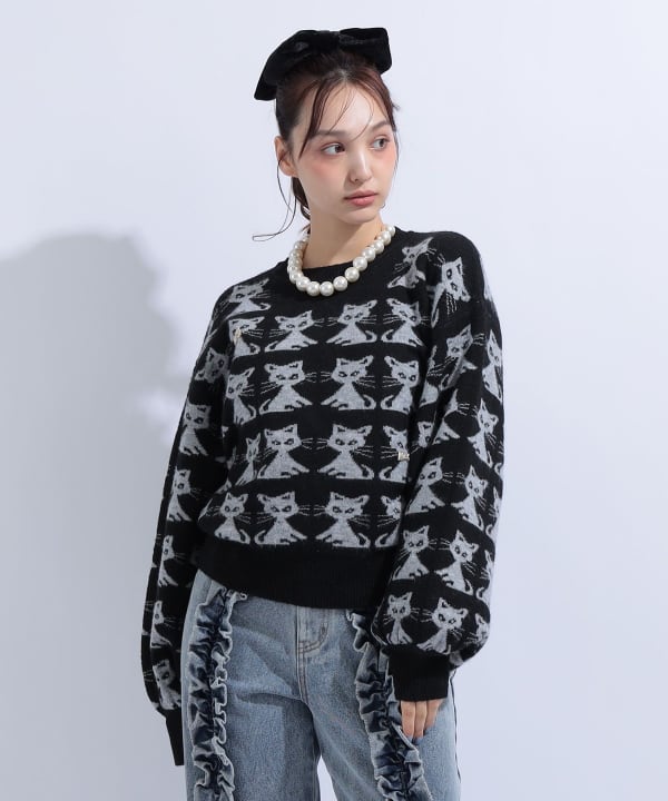 猫 ジャカード ニット Model : H163 B85 W58 H92　Size : S