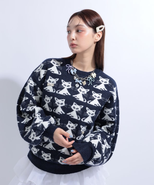 猫 ジャカード ニット Model : H163 B85 W58 H92　Size : M