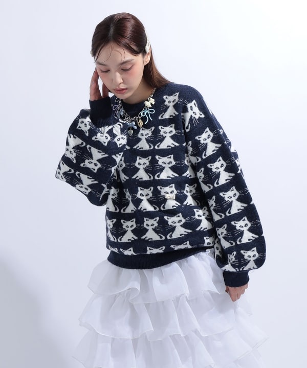 猫 ジャカード ニット Model : H163 B85 W58 H92　Size : M