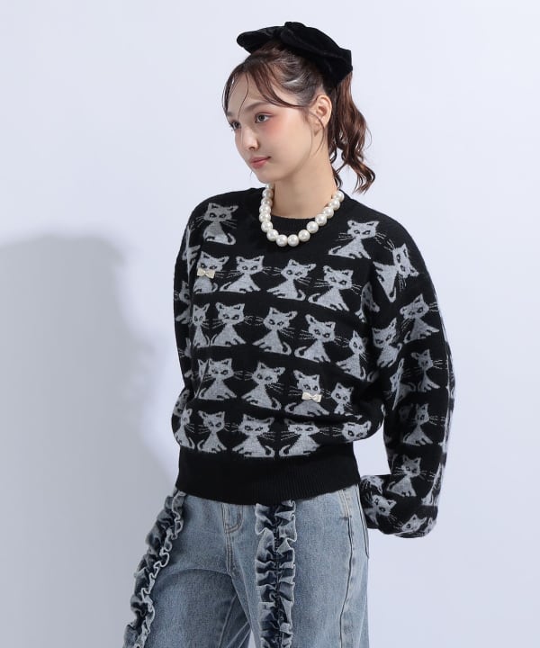 猫 ジャカード ニット Model : H163 B85 W58 H92　Size : S