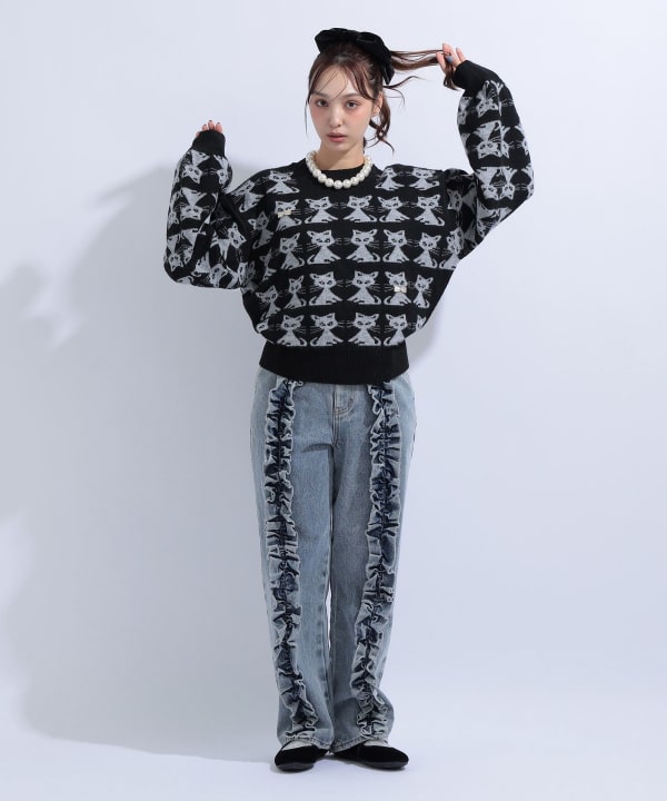 猫 ジャカード ニット Model : H163 B85 W58 H92　Size : S