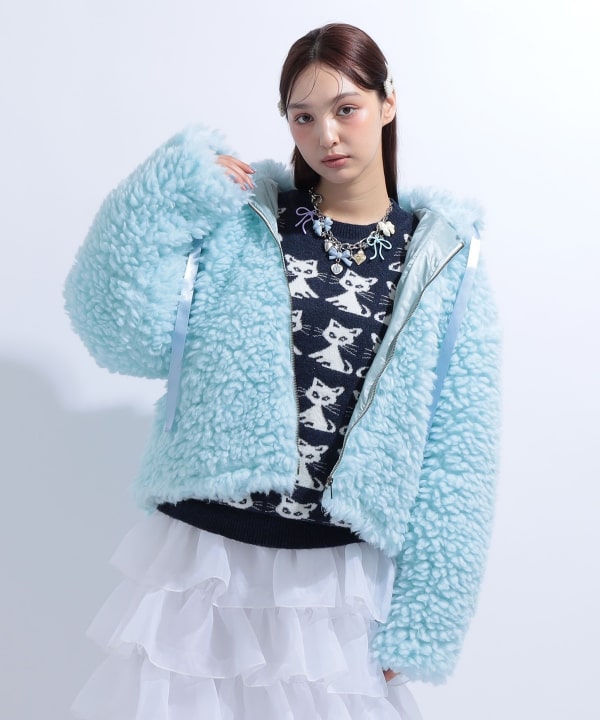 【+10%ポイントUP】猫耳 フード もこもこ ブルゾン Model : H163 B85 W58 H92　Size : S