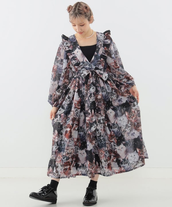 完売品 mmts 猫柄　シフォンワンピース　Mサイズ　BLACK mmts（マミタス）【COLLABORATION】unoa / シフォン ワンピース