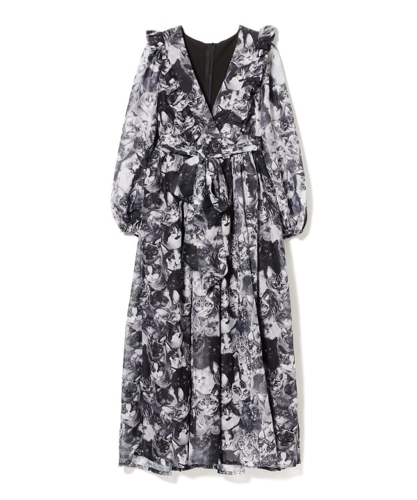 完売品 mmts 猫柄　シフォンワンピース　Mサイズ　BLACK mmts（マミタス）【COLLABORATION】unoa / シフォン ワンピース