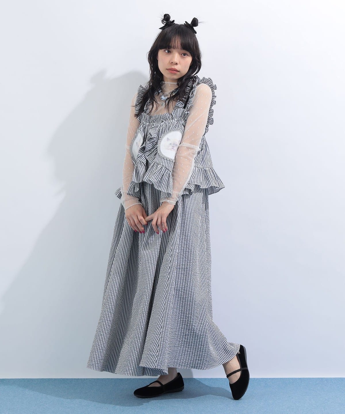 新品・未使用✨　半袖ニットとキャミソールのセット♡スワンモチーフがキュート mmts（マミタス）ルビー ストライプ フリル キャミソール ワンピース
