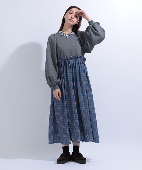 異素材コンビ ボリュームスリーブ ワンピース Model : H163 B85 W58 H92　Size : S