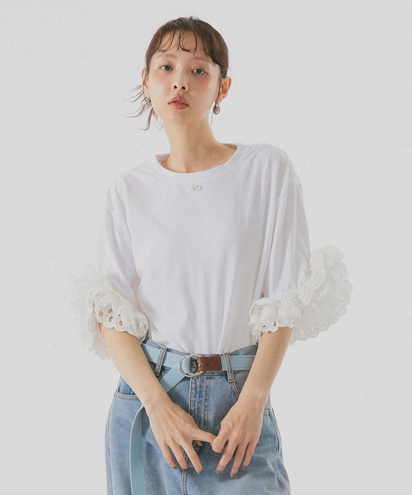 袖 レース フリル Tシャツ Model : H162 B72 W59 H88　Size : ONE SIZE