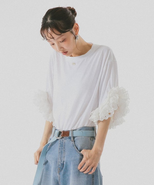 袖 レース フリル Tシャツ Model : H162 B72 W59 H88　Size : ONE SIZE