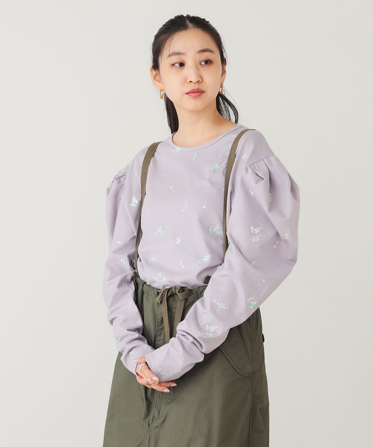 花柄プリント ボリューム袖 ロンT Tシャツ・カットソー WOMEN LAVENDER ONE SIZE 花柄プリント ボリューム袖 ロンT Tシャツ・カットソー WOMEN LAVENDER ONE SIZE