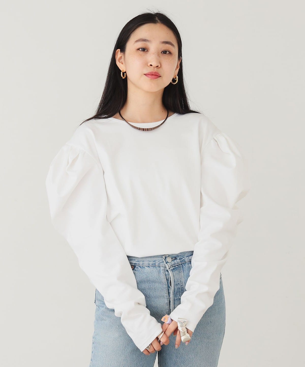 ボリューム袖 ロンT Tシャツ・カットソー WOMEN WHITE ONE SIZE ボリューム袖 ロンT Tシャツ・カットソー WOMEN WHITE ONE SIZE