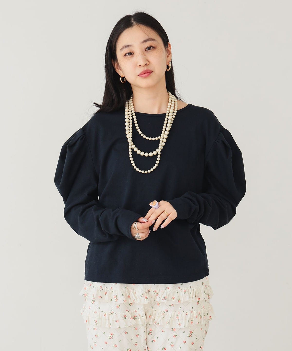 ボリューム袖 ロンT Tシャツ・カットソー WOMEN NAVY ONE SIZE ボリューム袖 ロンT Tシャツ・カットソー WOMEN NAVY ONE SIZE