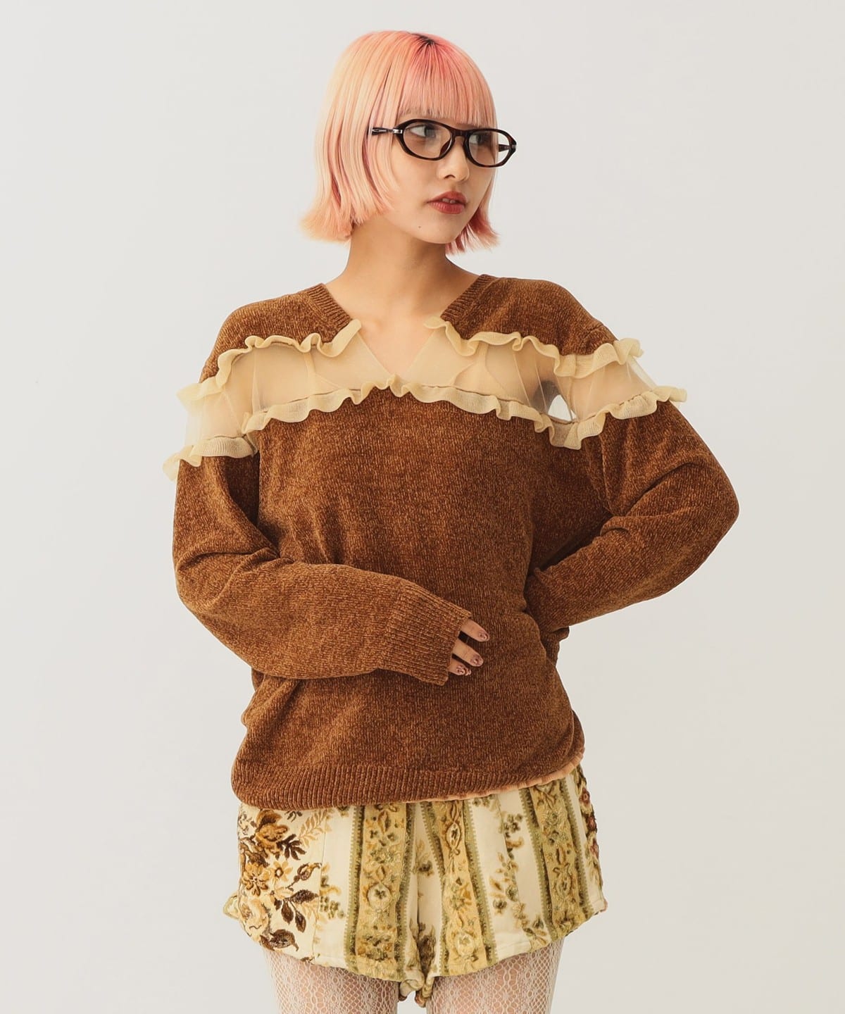 透け切替 ベロア トップス トップス WOMEN BROWN ONE SIZE 透け切替 ベロア トップス トップス WOMEN BROWN ONE SIZE